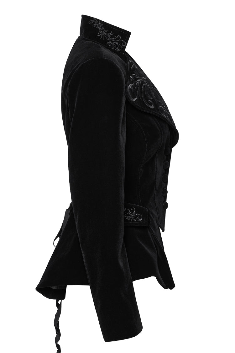 Schwarze langärmlige Gothic-Jacke aus Samt mit Schwalbenschwanzmuster für Damen