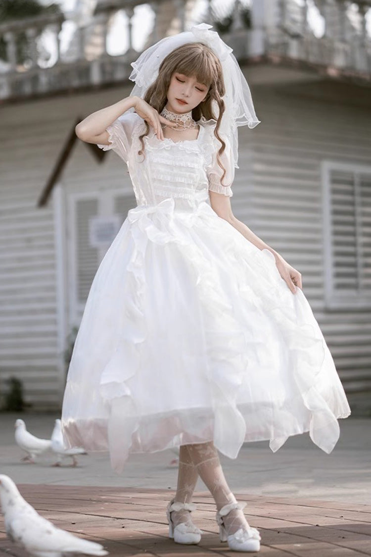 Weißes Lolita-Kleid mit Ode an schwebende Lichter, Fantasie-Fee, kurzen Ärmeln, Rüschen, süßem, elegantem Kleid