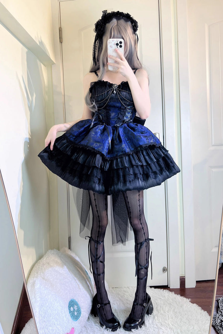 Black/Blue Ancient Dream of the Dark Night Print Ruffle Gothic Lolita Jsk Dress