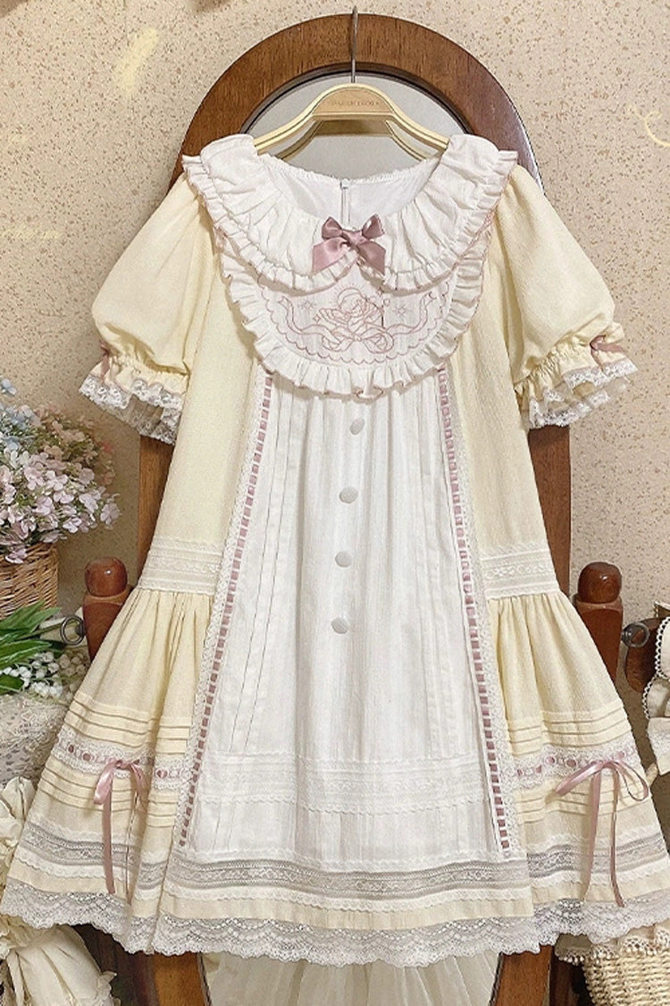 Hellgelbes süßes Lolita-Kleid mit Puppenkragen, kurzen Ärmeln, kleinem Engel-Print, Schleife und Spitze