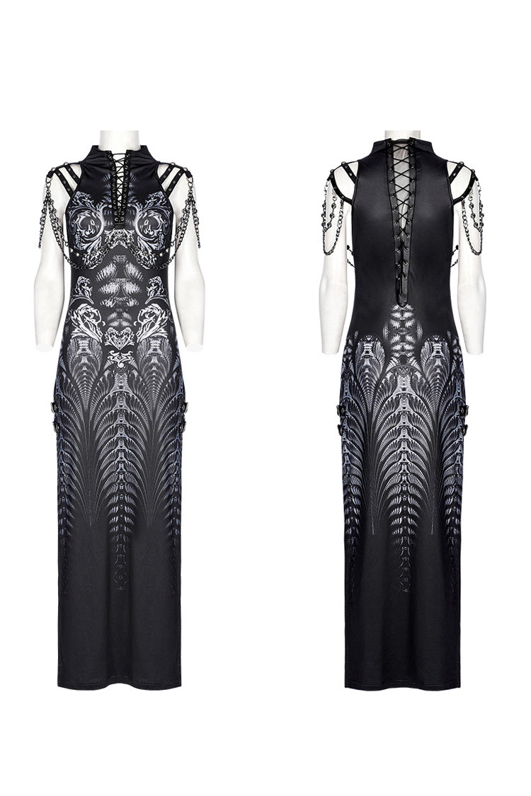 Black Print Lace-Up Side Slit Women's Gothic Dress with Chain