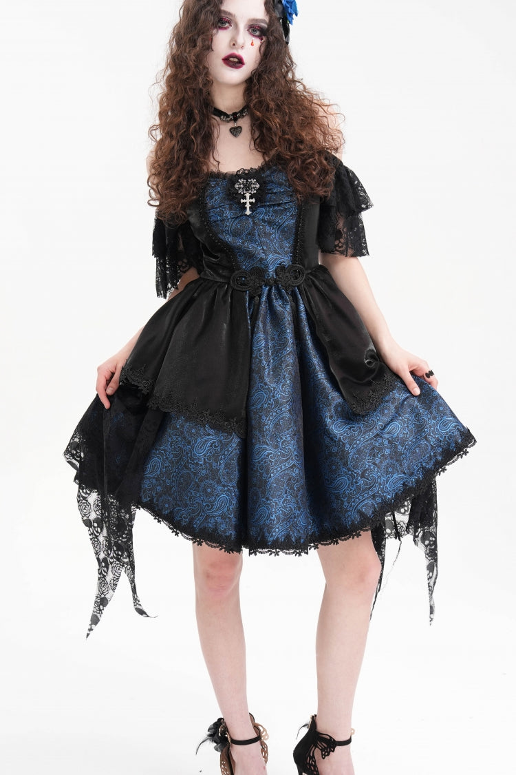 Blue Halterneck Lace Lace-Up Irregular Hem Women's Gothic Dress