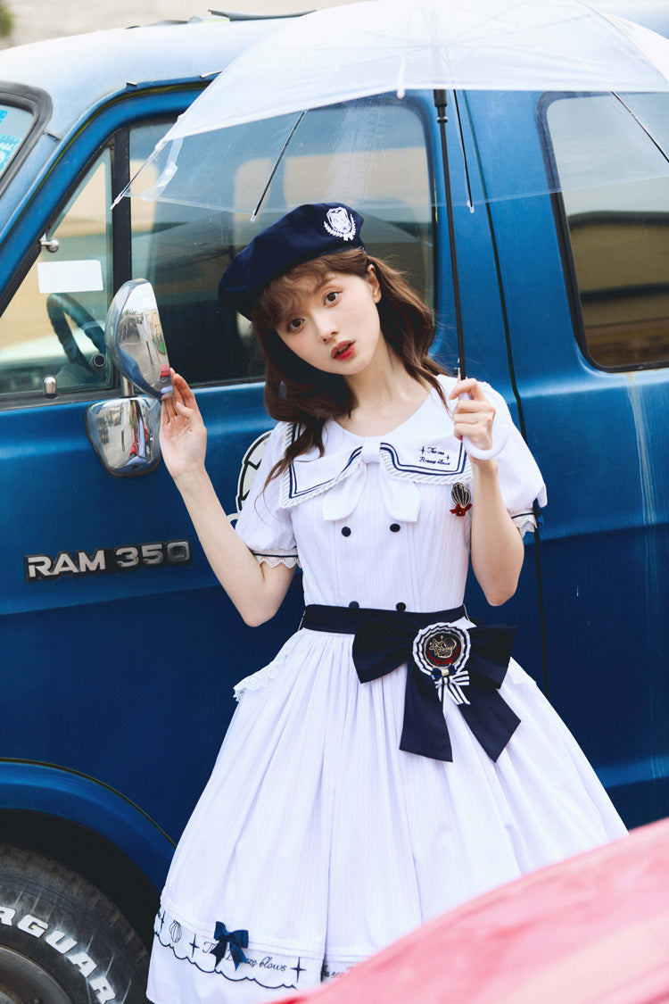 White Navy Stripe Print Short Sleeves Ruffle Embroidery Sweet Lolita Dress