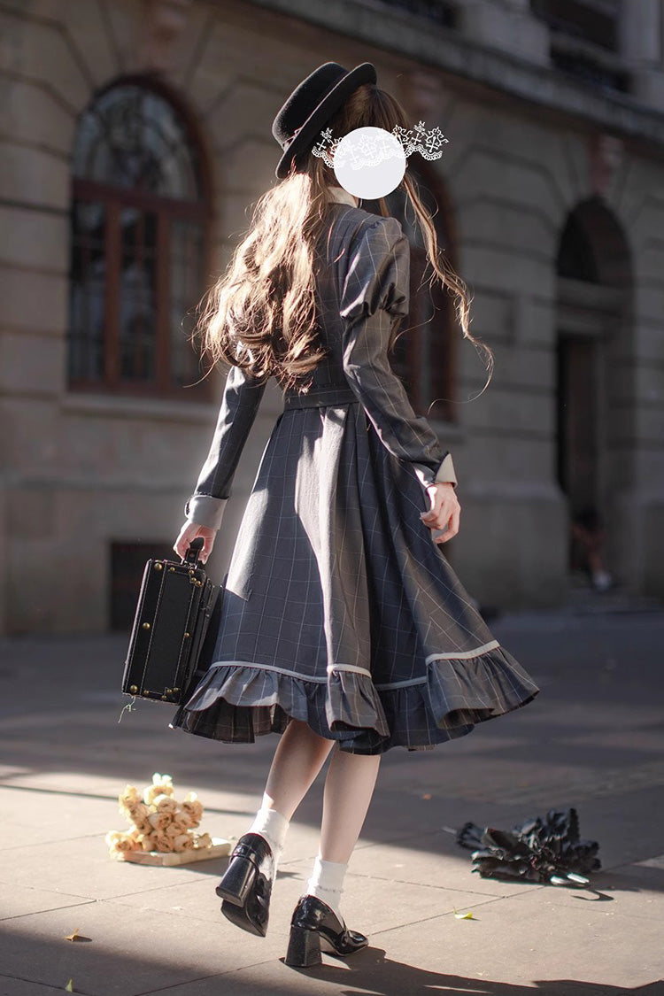 Grey Plaid Print Ruffle Bowknot Classic Vintage College Style Elegant Lolita Dress