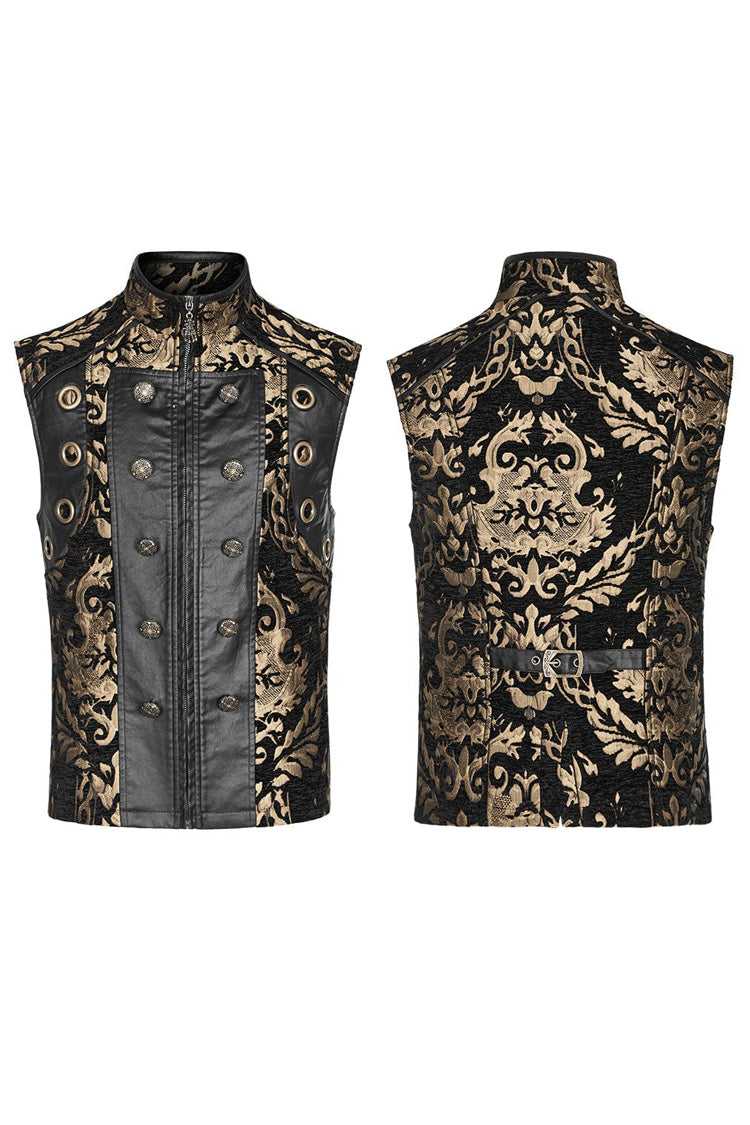 Men's Stand Collar Jacquard Print Stitching Metal Ring Decoration Gothic Vest 2 Colors