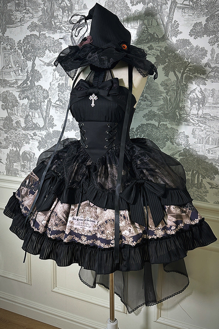 Black [The Mystery of The Doll] Halterneck Print Ruffle Bowknot Drawstring Gothic Lolita Dress