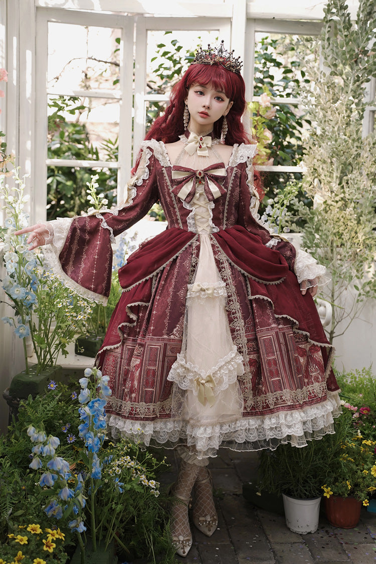 Rotes klassisches Lolita-Prinzessinnenkleid mit Barock-Palast-Print