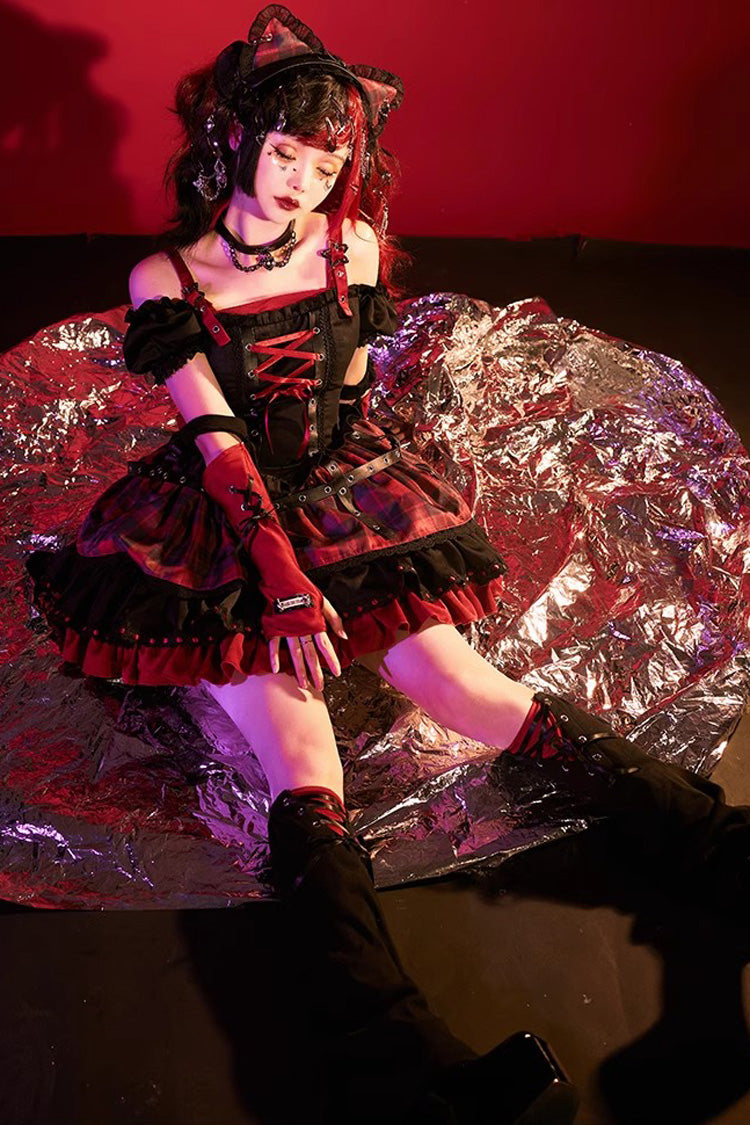 Black/Red Print Ruffle Lace-Up Gothic Japanese Princess Lolita JSK Dress