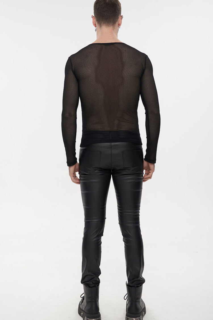 Black Gothic Elasticity High Neck Long Sleeve Mesh Men's Shirt