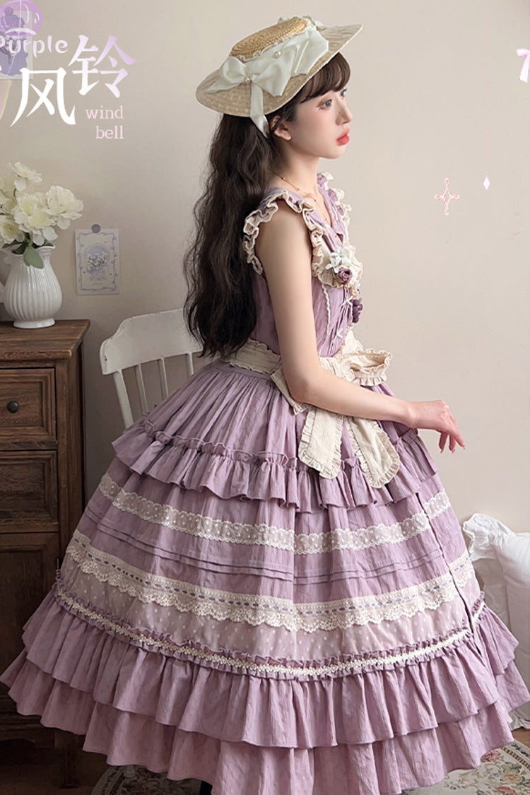 Lila Windglocke mehrlagiges Cardigan-Spitzenkleid, süßes, elegantes Lolita-Kleid