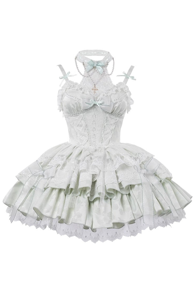 Light Green Halterneck Double-Layered Jacquard Ruffle Bowknot Lace Sweet Ballet Lolita Jsk Dress