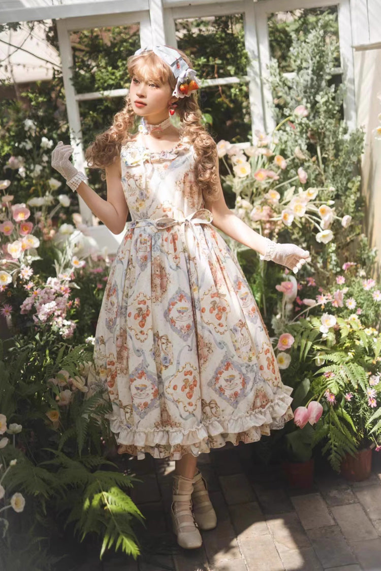 Cat Rose Tea Sleeveless Print Ruffle Bowknot Sweet Lolita Jumper Dress Version2 3 Colors