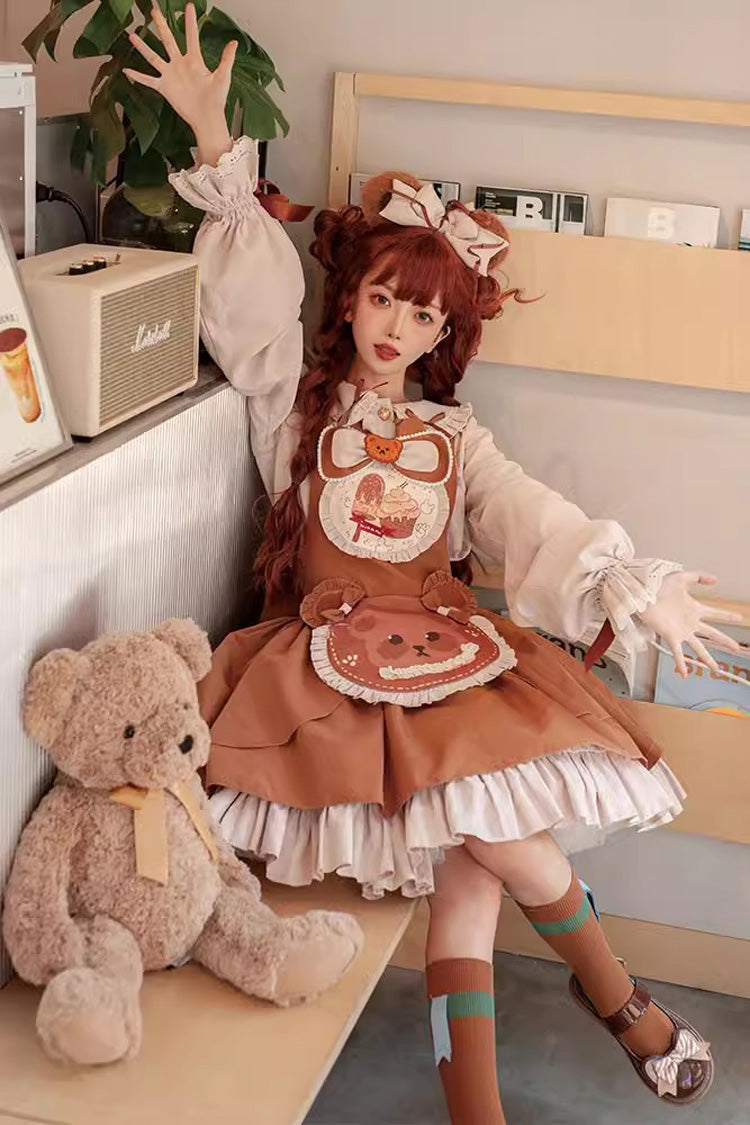 Brown Cookie Bear Multi-layer Print Ruffle Bowknot Sweet Lolita Dress