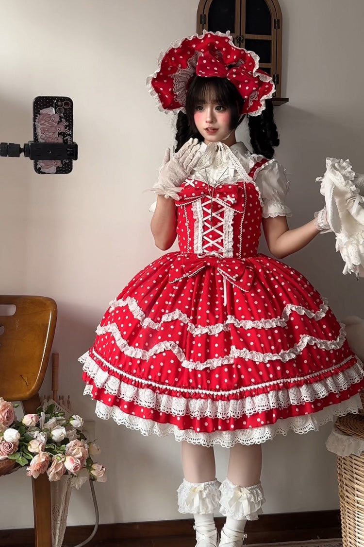 Red Polka Dots Print Ruffle Bowknot Lace-Up Sweet Lolita Dress