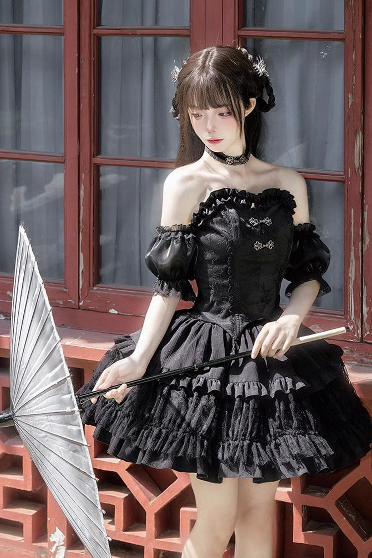 Black Bamboo Dream Multi-layer Dark Pattern Print Ruffle Gothic Lolita Skirt Set