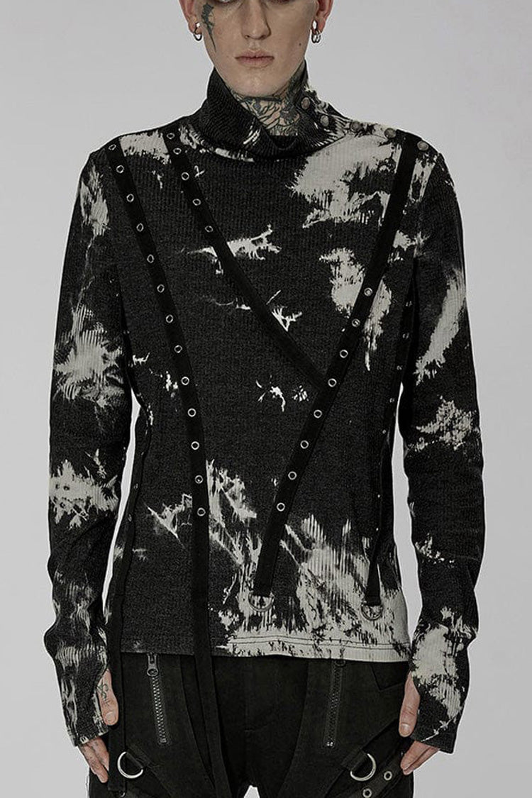 Black/White Punk Asymmetric Metal Buckle Side Button Tie Dye High Neck Basic Long Sleeve Men's Shirt