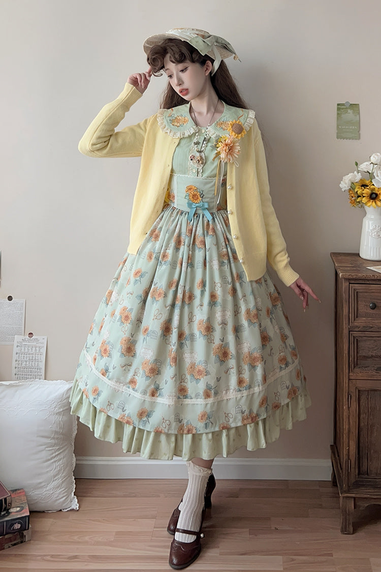 Green [Gardening Sunflower] Sleeveless Print Ruffle Bowknot Sweet Elegant Uplift Lolita Jsk Dress