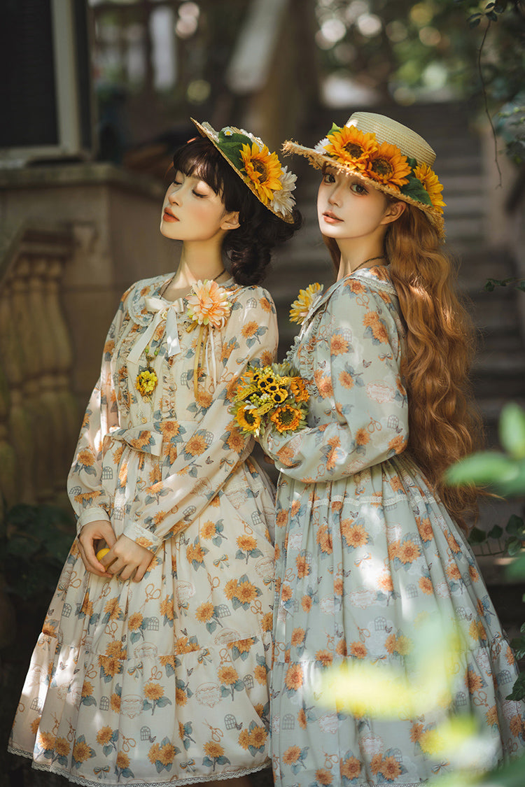 Apricot [Gardening Sunflower] Long Sleeves Print Ruffle Bowknot Sweet Elegant Lolita Dress