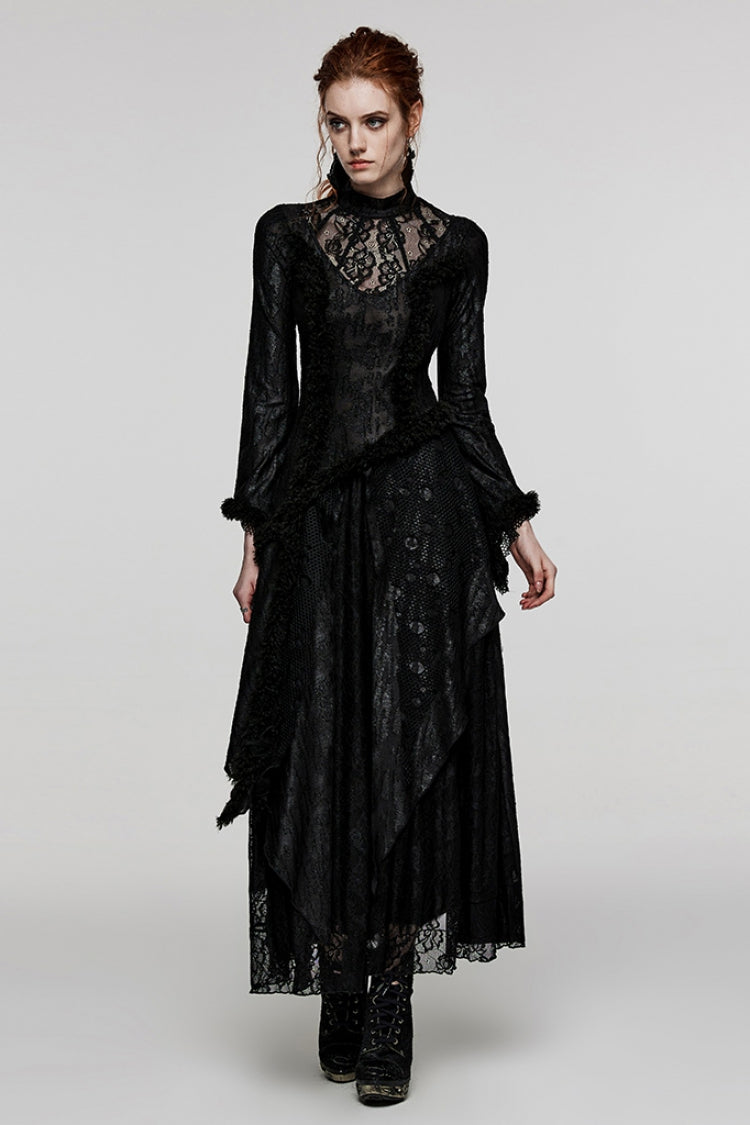 Black Long Trumpet Sleeves Hollow Stitching Lace Mesh Women's Gothic Dress