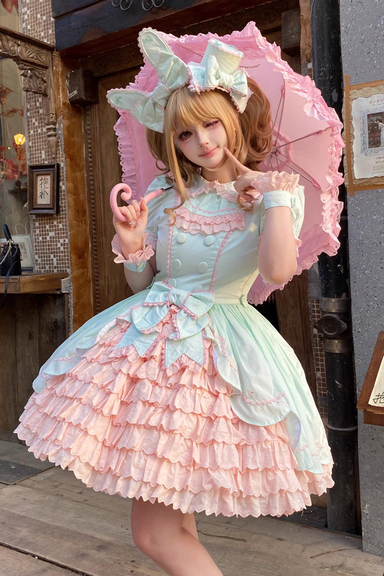 Pink/Green [Honeydew Melon Parfait] Short Sleeves Multi-Layered Ruffle Bowknot Sweet Lolita Dress