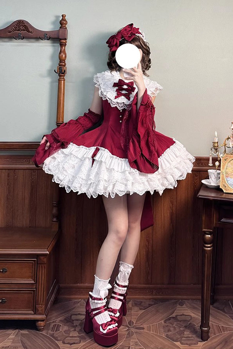 Red [Miss Tsundere] Sleeveless Multi-Layered Ruffle Bowknot Lace Asymmetric Sweet Princess Lolita Dress