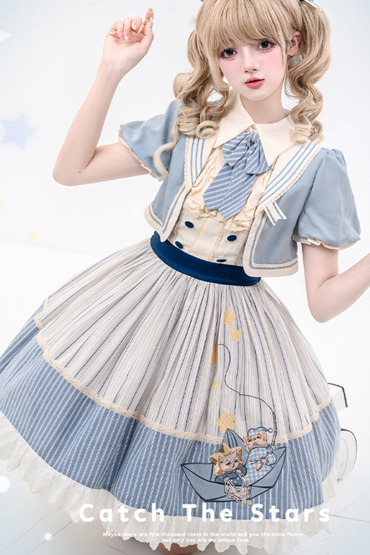 Blau/Elfenbeinfarbenes süßes Lolita-Kleid mit ärmellosem Rüschen- und Schleifenmuster im Marine-Stil