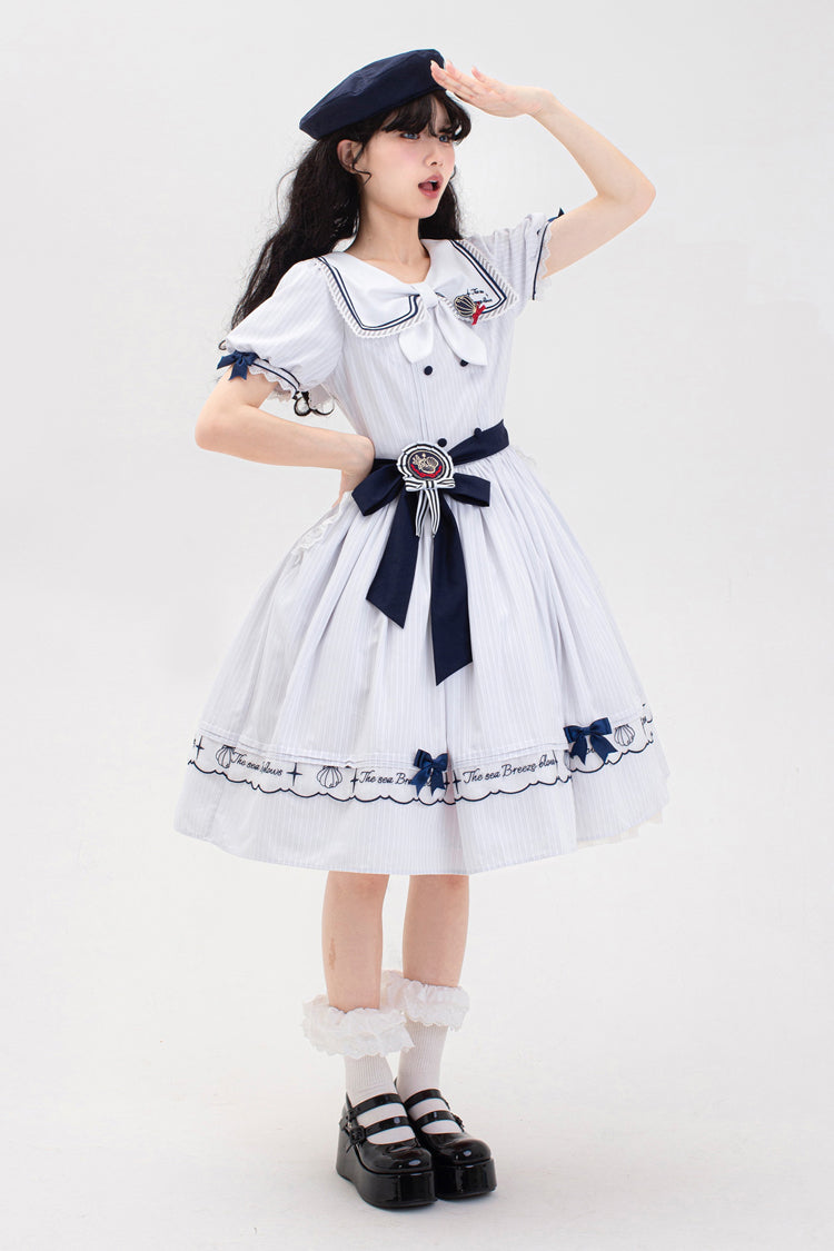 White Navy Stripe Print Short Sleeves Ruffle Embroidery Sweet Lolita Dress