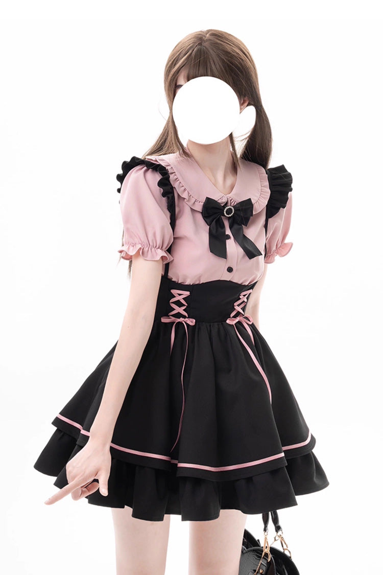 Black/Pink First Sakura Short Sleeves Multi-layer Lace-Up Sweet Jirai Kei Japanese Set