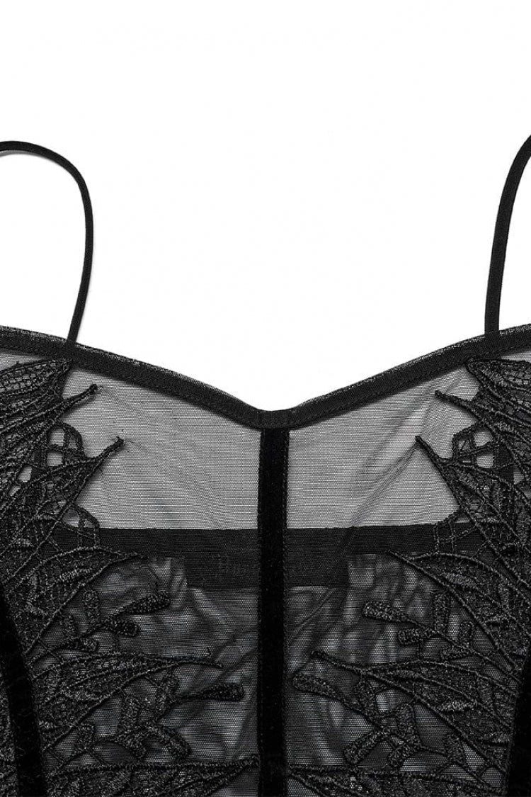 Schwarze ärmellose Spitze schmale transparente Gothic-Sling-Weste für Damen