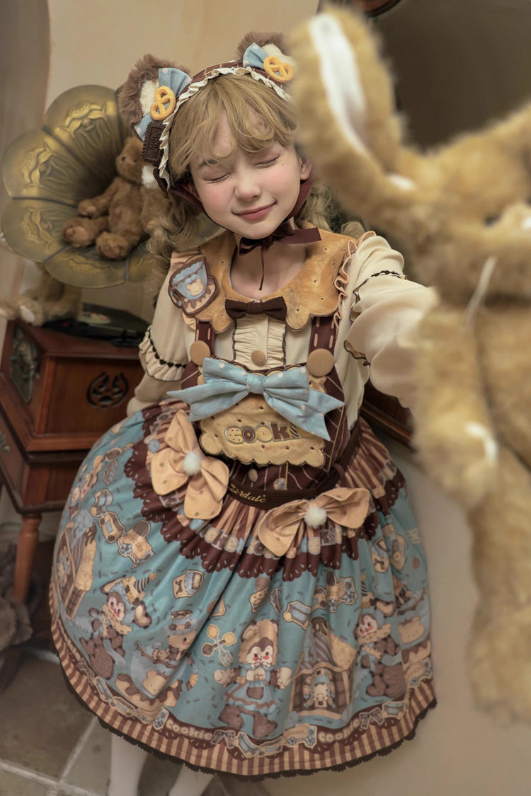 [Bear Cookies] Süßes Lolita-Trägerkleid mit Rüschen und Schleife im Print 2 Farben