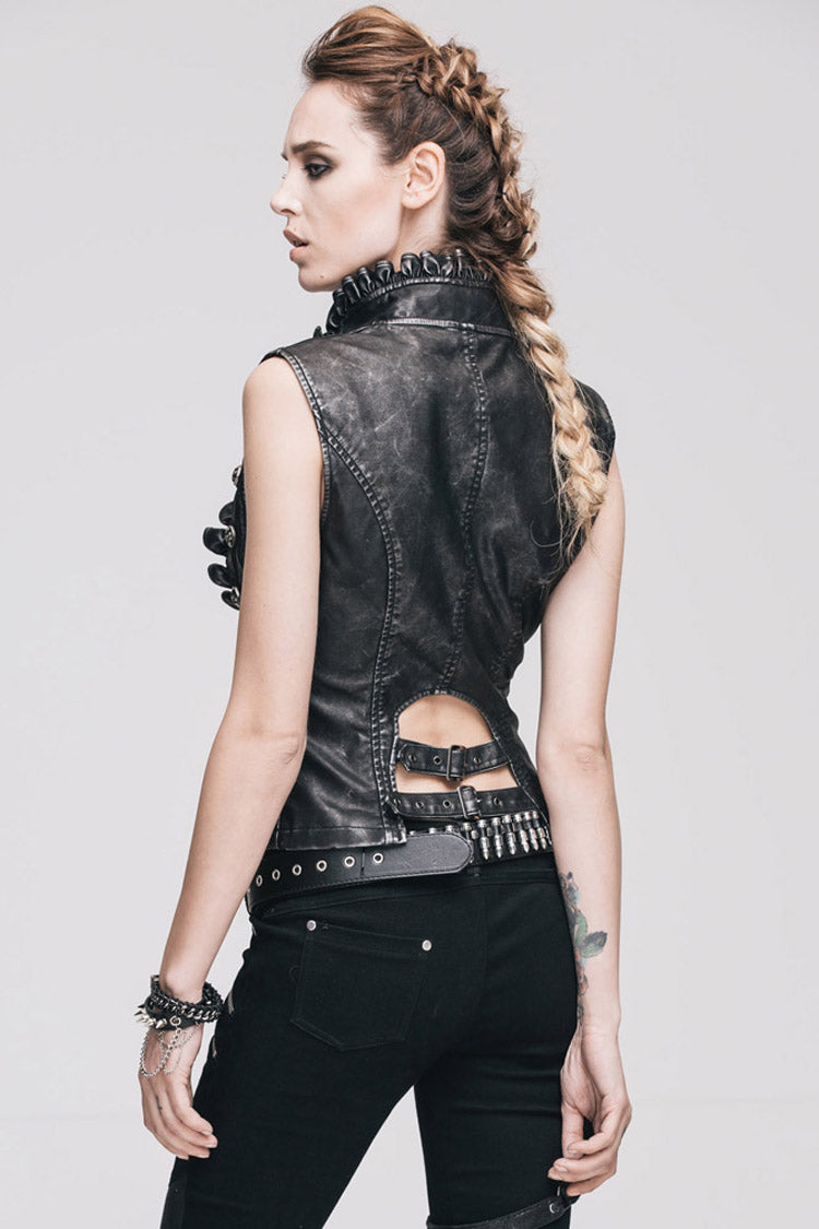 Black/Silver Big Opening Chest Wave Collar Hand Rubbed Leather Women's Punk Vest