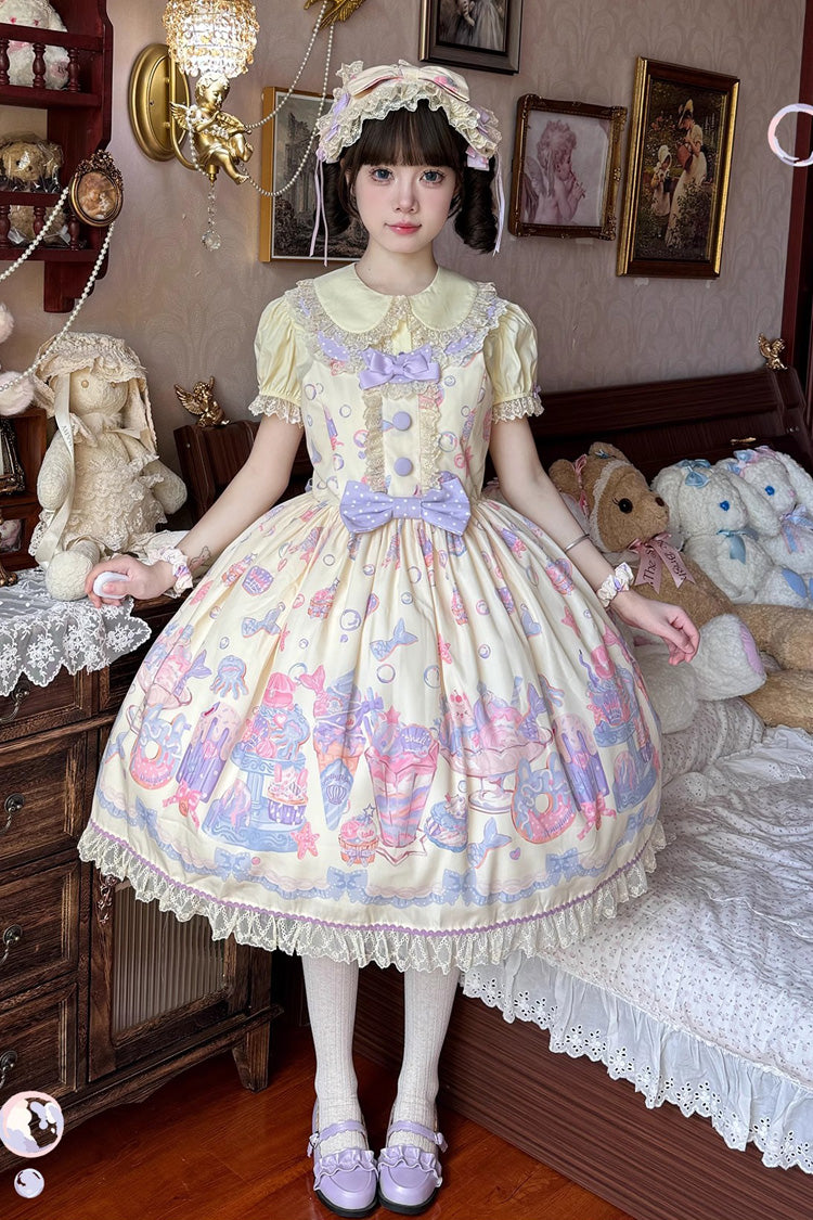 Cream Soda Mermaid Print Light Yellow Bowknot Lace Sweet Lolita Jsk Dress