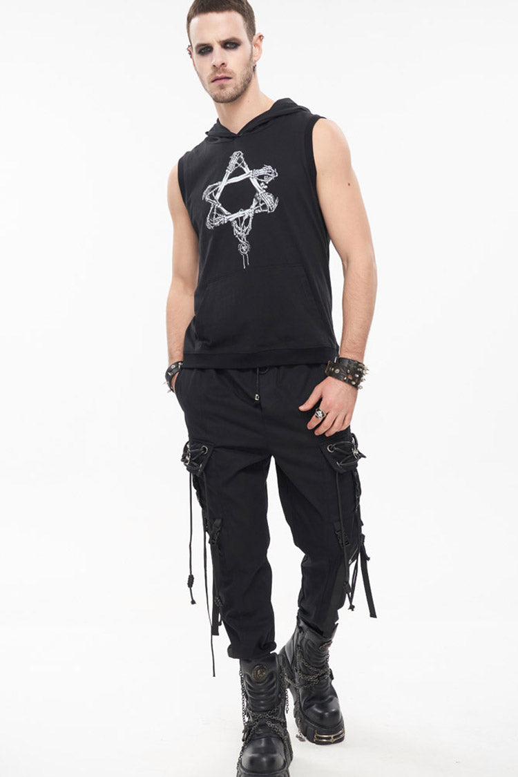 Schwarze Punk-Herrenhose aus feinem Twill mit zweifacher Metallschnalle und Kettendekoration