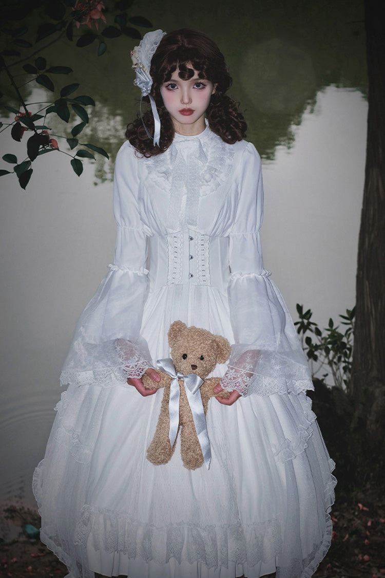 White [Requiem] Stand Collar Long Sleeves Ruffle Lace Gothic Lolita Dress