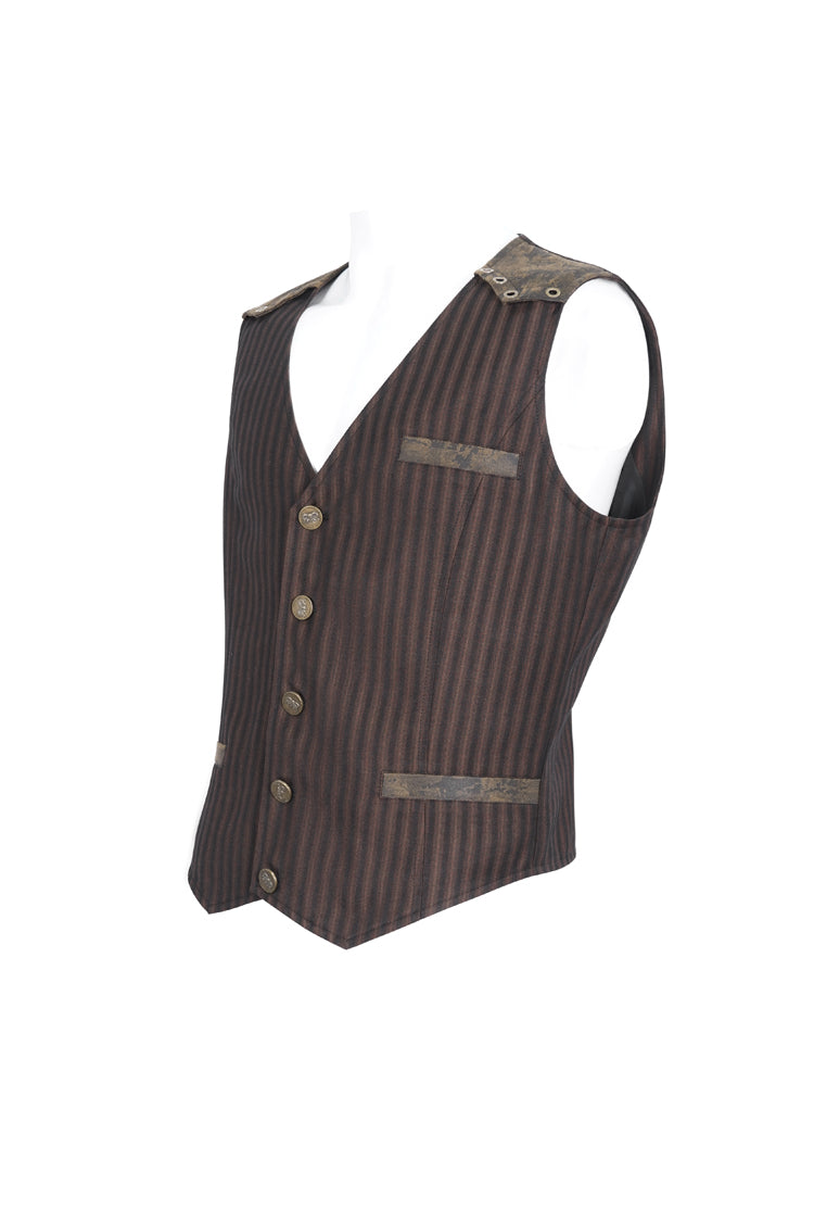 Brown Striped V Collar Stitching Slim Men's Gothic Vest