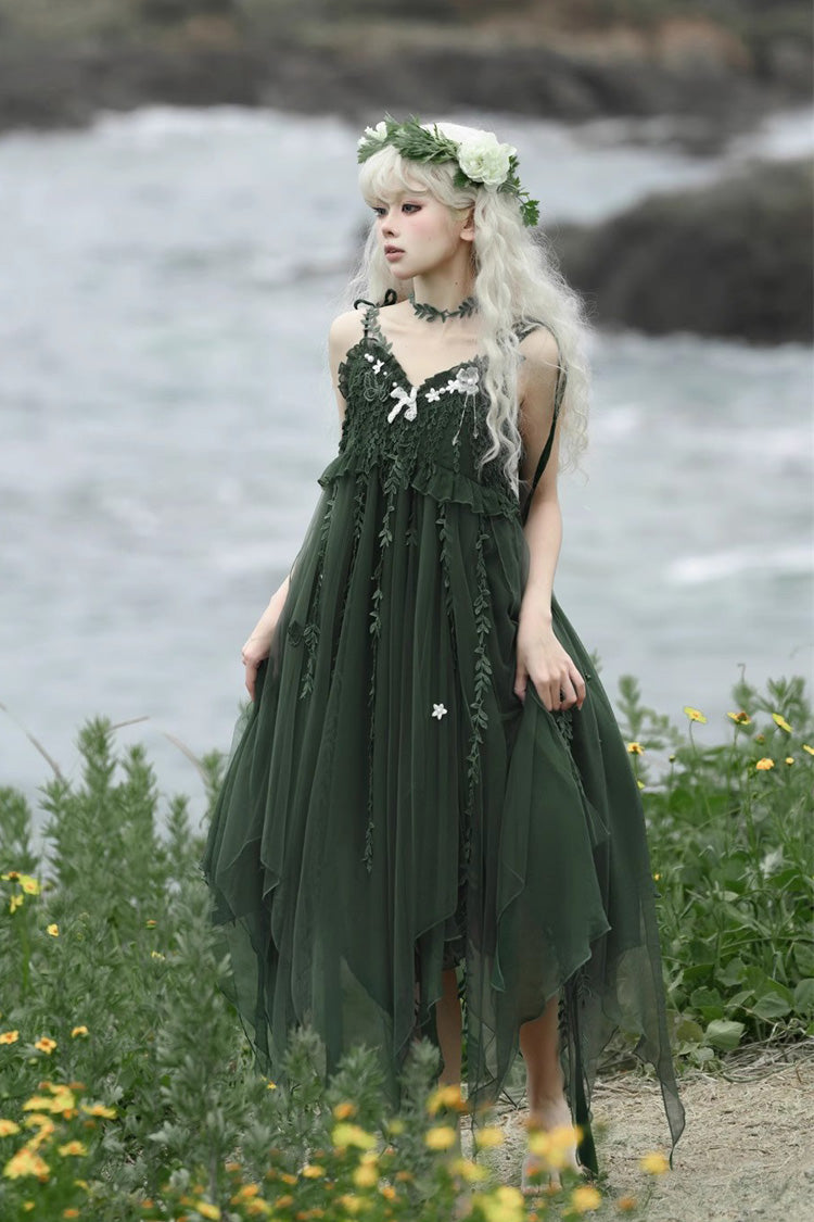 Green Forestry Asymmetric Hem Sweet Chinese Style Lolita Jsk Dress