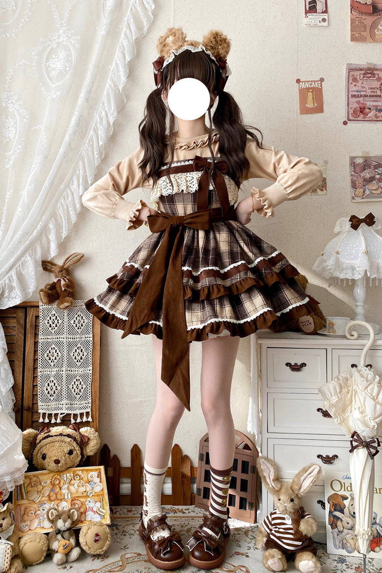 Brown [Caramel Cocoa] Double-Layered Print Ruffle Bowknot Sweet Lolita Jsk Dress