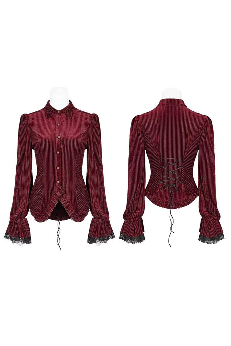 Striped Velvet Metal Retro Button Lace Cuff Back Waist Lace Up Women's Gothic Blouse