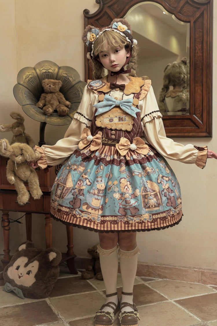 [Bear Cookies] Süßes Lolita-Trägerkleid mit Rüschen und Schleife im Print 2 Farben