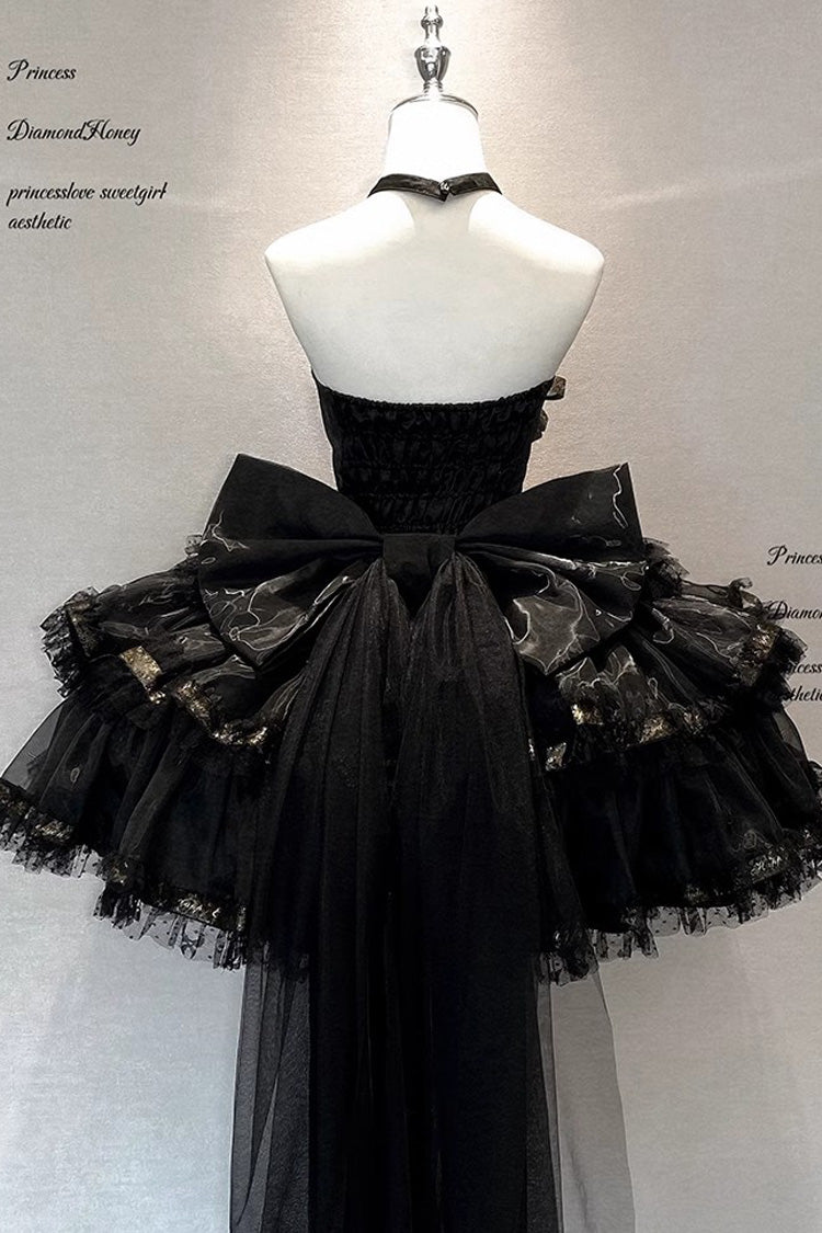 Black [First Kiss] Halterneck Triple-Layered Ruffle Lace Hot Stamping Gothic Princess Lolita Dress