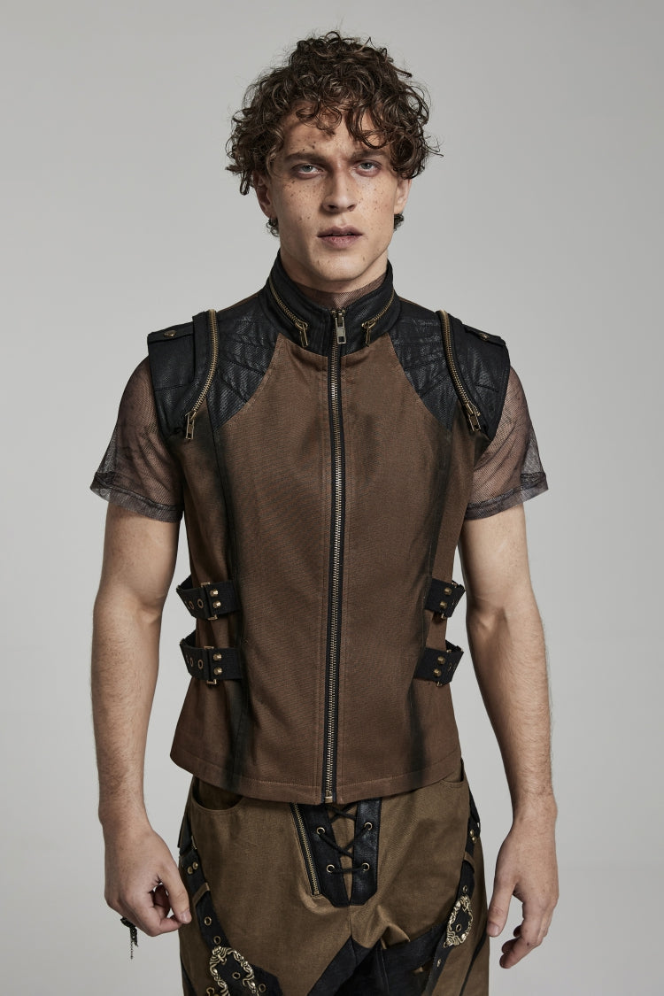 Brown Stand Collar Side Waist Webbing Decorative Stitching Mens Steampunk Vest