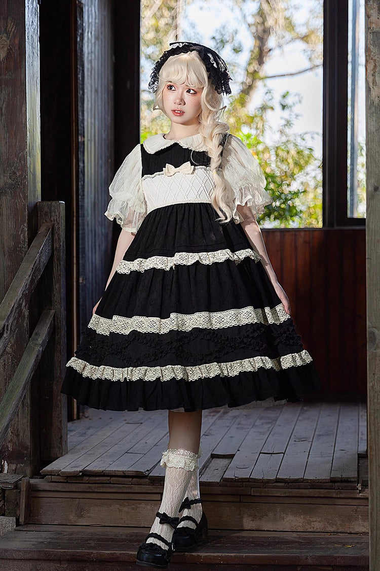 Kindergarten Class Theme Short Sleeves Jacquard Ruffle Bowknot Sweet Lolita Dress 3 Colors