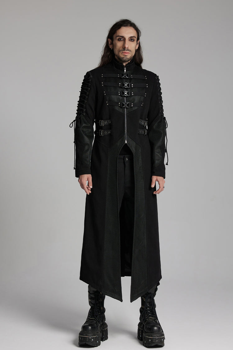 Black Buckle-up Rivets Long Sleeves Lace-Up Men's Punk Long Jacket