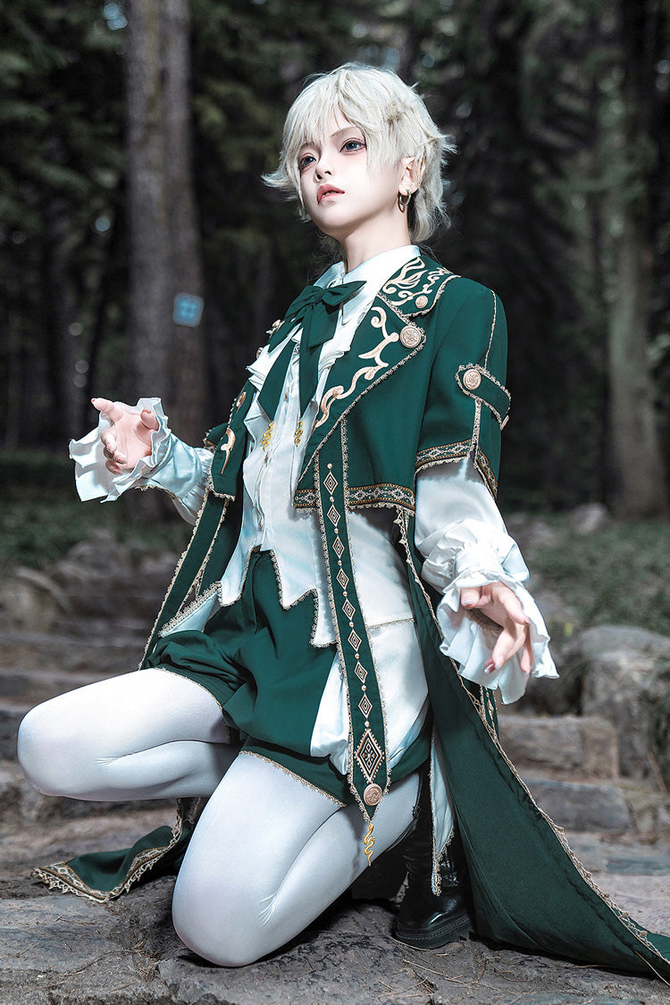 Green [Theocratic Messenger] Embroidery Classic Military Gorgeous Handsome Ouji Lolita Coat Blouse Shorts Set