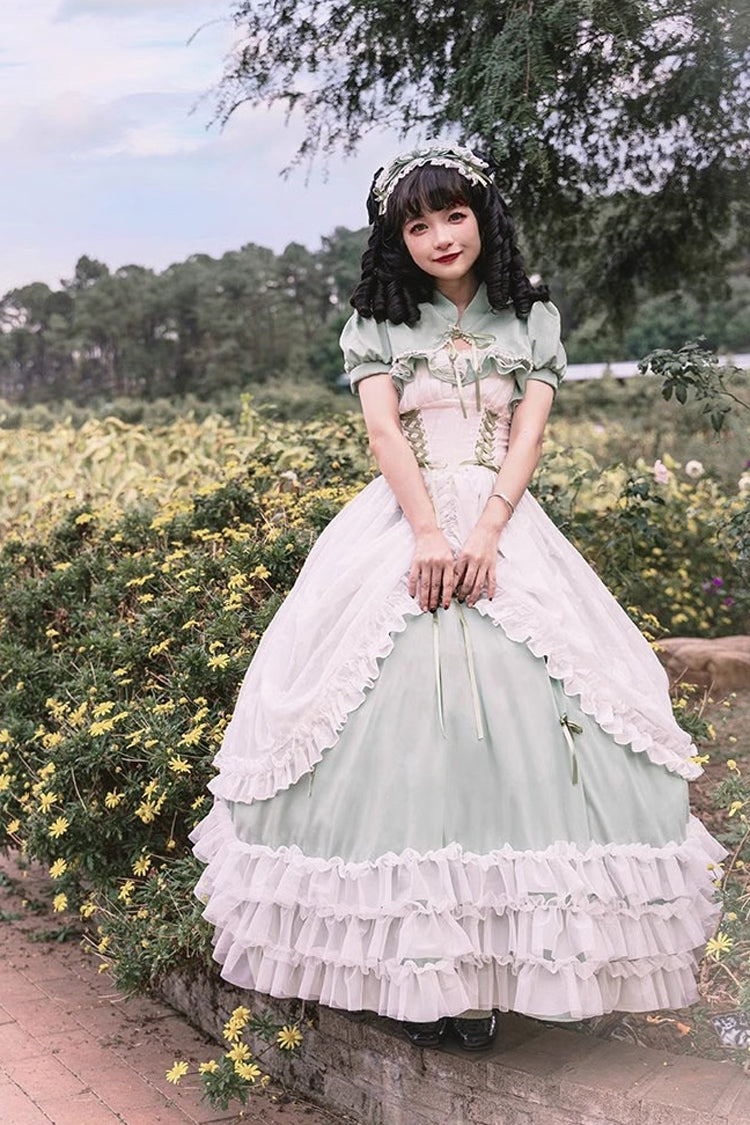 Grünes, mehrlagiges Hanayome-Spitzenkleid mit Rüschen und Schnürung in Übergröße, süßes Lolita-JSK-Kleid (lange Version)