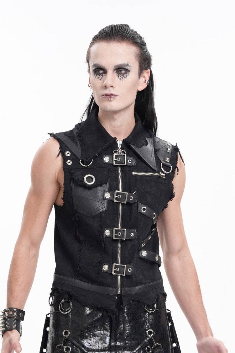 Black Lapel Collar Sleeveless Ripped Buckle Eyelets Men's Gothic Vest