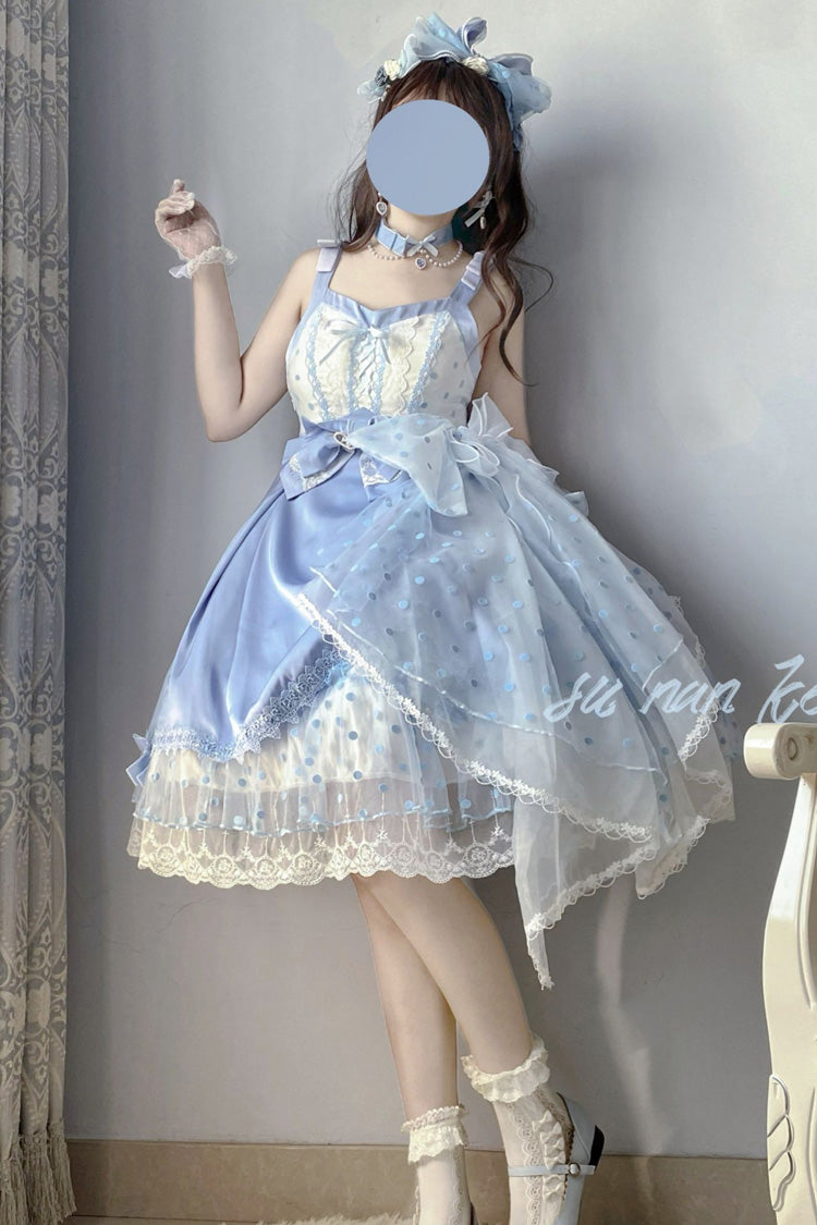 Blue [Polka Waltz] Sleeveless Print Bowknot Stitching Lace Sweet Lolita Jsk Dress