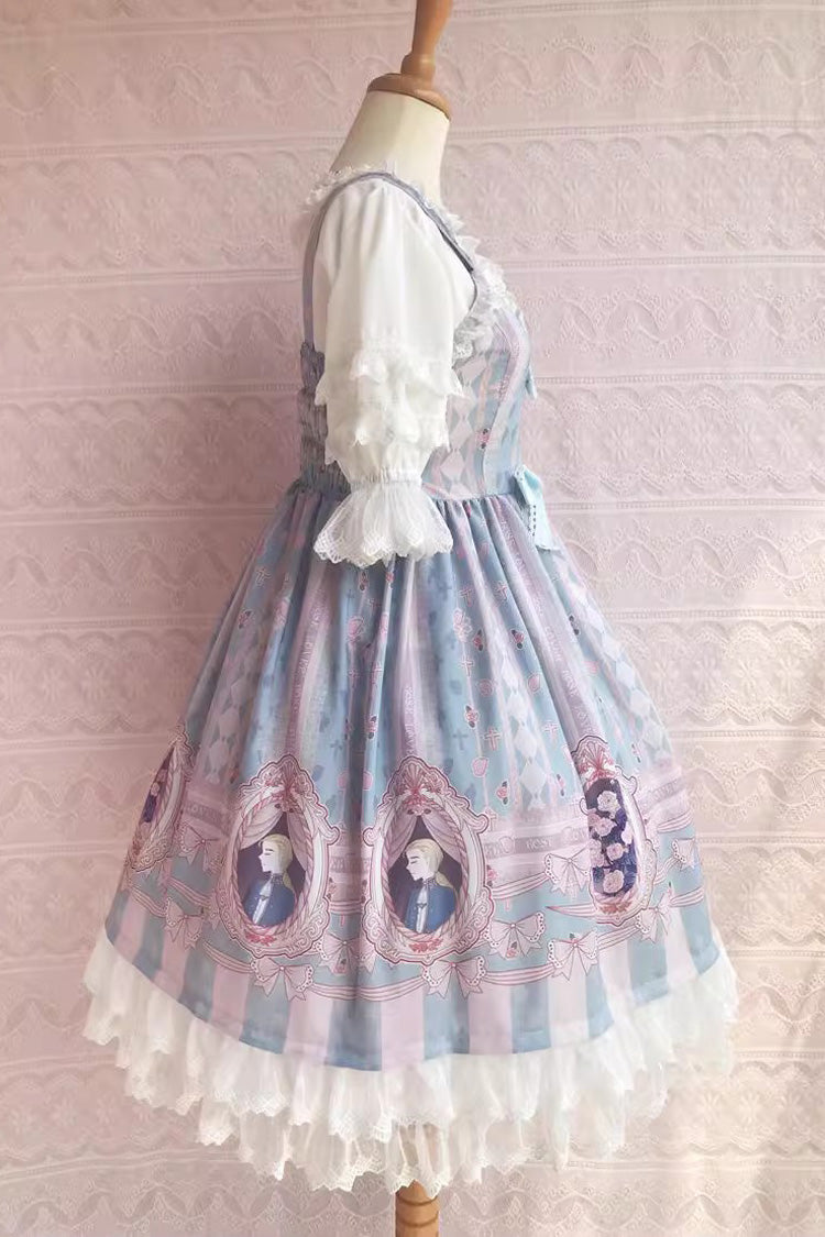 Doppellagiges süßes Lolita-JSK-Kleid mit Rüschen und Schleife im Rose Lover's Dream-Print, 3 Farben