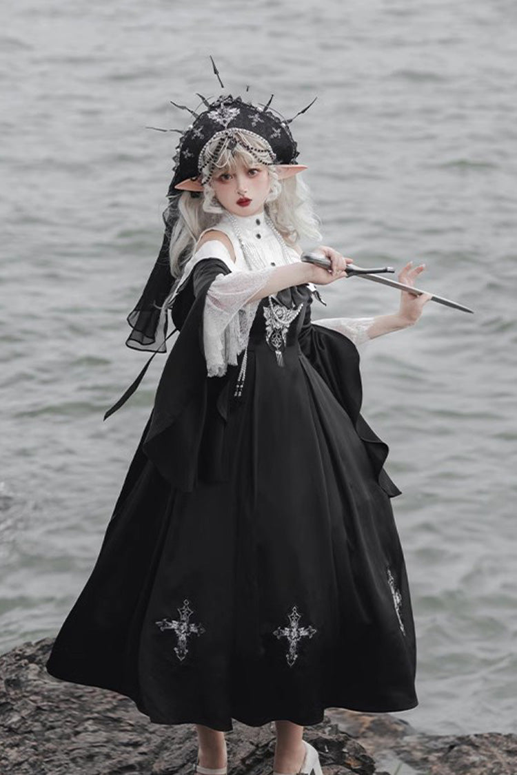 Schwarzes [Cross Nun] Stehkragen Off Shoulder Print Bowknot Gothic Elegantes Lolita Kleid