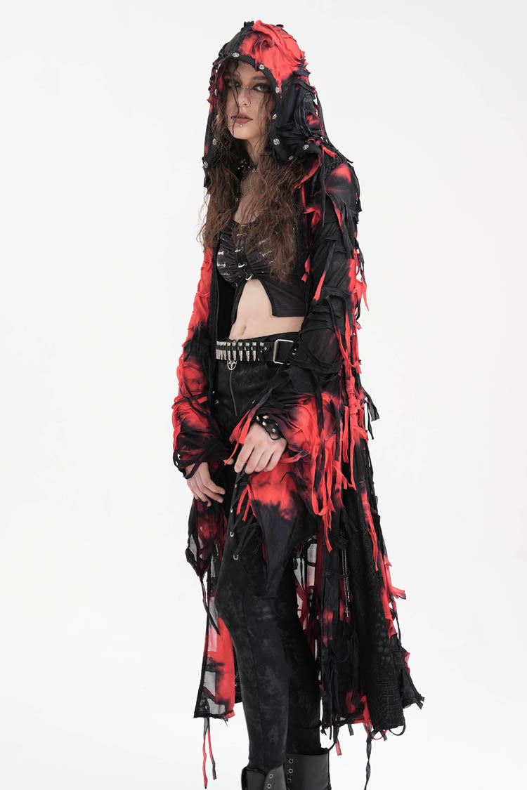 Black/Red Long Sleeves Lace Ripped Zipper Women's Punk Coat